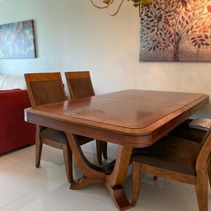 solid wood table, four chairs and expandable